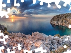 Zatoka, Wyspa Cres, Skały, Rezerwat przyrody Mali Bok - Koromacna, Chorwacja, Morze Adriatyckie, Wschód słońca