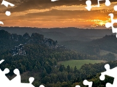 Niemcy, Zachód słońca, Góry Połabskie, Park Narodowy Saskiej Szwajcarii, Skały Bastei