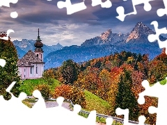 Alpy Salzburskie, Sanktuarium Maria Gern, Drzewa, Bawaria, Droga, Kościół, Jesień, Niemcy, Berchtesgaden, Góry