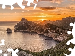 Morze, Wybrzeże, Wyspa Majorka, Góry Serra de Tramuntana, Przylądek Formentor, Zachód słońca, Hiszpania