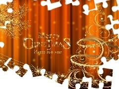Złoty, Boże Narodzenie, Życzenia, Grafika, Napis, Choinka