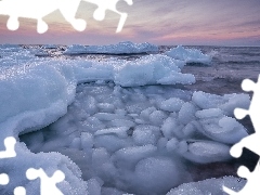 Morze, Lód, Wschód słońca, Zima