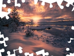 Zima, Norwegia, Drzewa, Zachód słońca, Jezioro, Ringerike