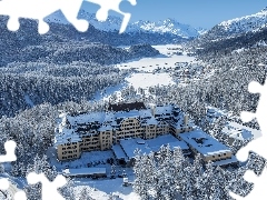 Zima, Góry, Szwajcaria, Lasy, Sankt Moritz, Suvretta House, Hotel, Dolina Engadine