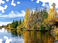Jesień, Austria, Domki, Drzewa, Jezioro Attersee