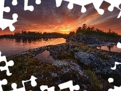 Skały, Jezioro Ładoga, Karelia, Rosja, Zachód słońca, Drzewa