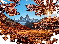 Patagonia, Argentyna, Gałęzie, Promienie słońca, Drzewa, Szczyt Fitz Roy, Góry Andy, Jesień