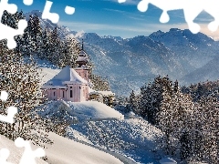 Alpy Salzburskie, Góry, Kościół, Drzewa, Bawaria, Niemcy, Sanktuarium Maria Gern, Berchtesgaden, Zima