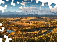 Jesień, Rezerwat Kurayskaya Step, Rosja, Rzeka, Ałtaj, Las, Góry Północnoczujskie, Chmury