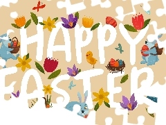 Happy Easter, 2D, Zajączki, Napis, Wielkanoc