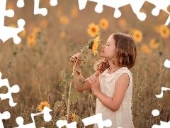 Słoneczniki, Dziewczynka, Kwiaty