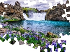 Skały, Wodospad Hjalparfoss, Rzeka, Kamienie, Chmury, Islandia, Łubiny, Niebo, Kwiaty