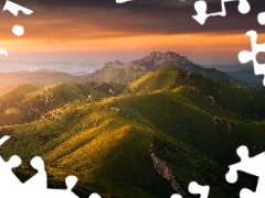 Góry, Wzgórza, Zachód słońca, Zielone