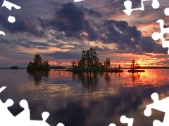 Chmury, Wysepka, Finlandia, Drzewa, Ostrobotnia Północna, Zachód słońca, Jezioro Ala-Kitka, Gmina Kuusamo