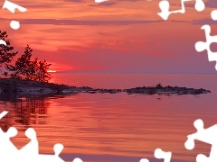Skały, Zachód słońca, Republika Karelii, Rosja, Drzewa, Jezioro Ładoga