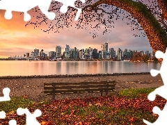 Rzeka Fraser, Kanada, Ławka, Drzewo, Wieżowce, Vancouver