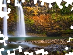 Roślinność, Wodospad Wailua Falls, Kauai, Hawaje, Rzeka, Skała