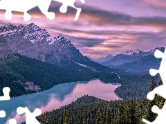 Peyto Lake, Góry, Prowincja Alberta, Jezioro, Zachód słońca, Park Narodowy Banff, Kanada