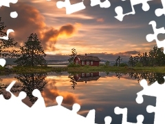 Chmury, Dom, Norwegia, Drzewa, Gmina Ringerike, Jezioro Vaeleren, Zachód słońca, Odbicie