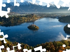 Jezioro Bled, Góry, Drzewa, Alpy Julijskie, Wyspa Blejski Otok, Lasy, Słowenia