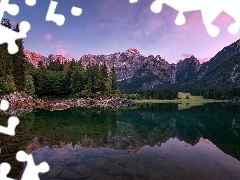 Jezioro Fusine, Las, Włochy, Drzewa, Odbicie, Alpy Julijski
