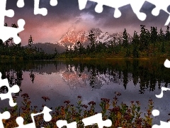 Drzewa, Góry, Stan Waszyngton, Stany Zjednoczone, Chmury, Jezioro Picture Lake