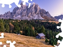 Góry, Włochy, Drzewa, Dom, Las, Dolomity