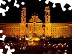 Oświetlony, Opactwo, Klasztor, Noc, Kanton Schwyz, Szwajcaria, Choinka, Einsiedeln, Boże Narodzenie
