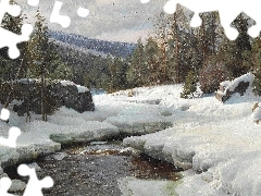 Zima, Obraz, Drzewa, Peder Mork Monsted, Malarstwo, Rzeka, Góry