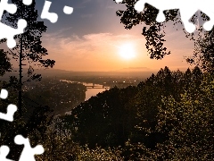Miasto Linz, Austria, Drzewa, Rzeka Dunaj, Wschód słońca