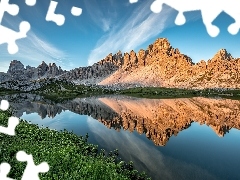 Jezioro, Dolomity, Odbicie, Góra Paternkofel, Góry, Rośliny, Włochy