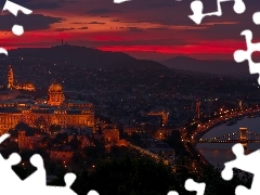 Rzeka Dunaj, Zachód słońca, Budapeszt, Węgry, Most, Zame