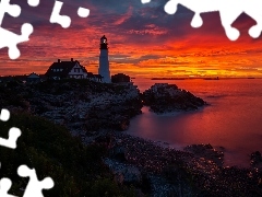 Cape Elizabeth, Wschód słońca, Stany Zjednoczone, Morze, Stan Maine, Zatoka Casco, Latarnia morska Portland Head Light, Skały