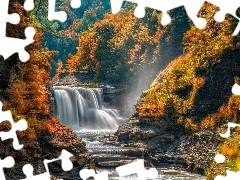 Wodospad, Drzewa, Skały, Jesień, Las, Rzeka, Mgła