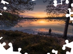 Ringerike, Norwegia, Drzewa, Zachód słońca, Jezioro