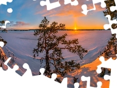 Zachód słońca, Drzewa, Rosja, Zima, Karelia, Jezioro Ładoga, Zamarznięte, Zaspy