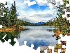 Drzewa, Góry, Chmury, Jezioro, Park Narodowy Jasper, Las, Kanada