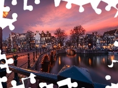 Kanał, Amsterdam, Światła, Most, Holandia, Domy, Zachód słońca