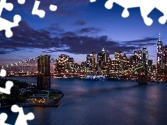 Wieżowce, Świt, Stany Zjednoczone, Cieśnina East River, Manhattan, Most Brookliński, Brooklyn Bridge, Nowy Jork