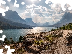 Góry, Jezioro, Montana, Stany Zjednoczone, Park Narodowy Glacier, Saint Mary Lake