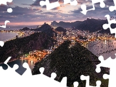 Domy, Rio de Janeiro, Zatoka Guanabara, Zachód słońca, Statki, Brazylia, Morze, Chmury, Światła, Góry