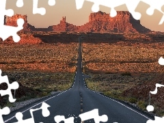 Droga, Zachód słońca, Jesień, Skały, Stan Utah, Stany Zjednoczone, Wyżyna Colorado, Monument Valley, Dolina Pomników