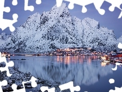 Skały, Lofoty, Wieś Reine, Światła, Morze Norweskie, Nor