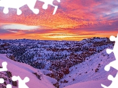 Skały, Stan Utah, Zachód słońca, Park Narodowy Bryce Canyon, Stany Zjednoczone, Zima, Chmury