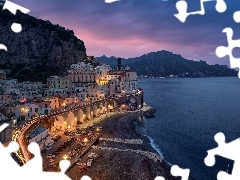 Góry, Amalfi, Domy, Morze, Włochy, Wybrzeże, Światła
