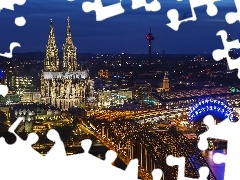 Katedra, Rzeka Ren, Kolonia, Niemcy, Noc, Most Hohenzollernów