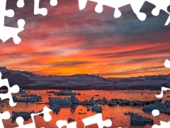 Laguna lodowcowa, Jezioro, Zachód słońca, Islandia, Zima, Jokulsarlon