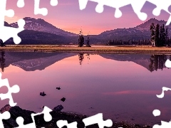 Odbicie, Góry Kaskadowe, Drzewa, Zachód słońca, Oregon, Stany Zjednoczone, Sparks Lake, Hrabstwo Deschutes, Jezioro