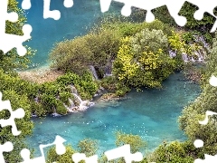 Wodospady, Jeziora, Park Narodowy Jezior Plitwickich, Chorwacja, Roślinność, Drzewa
