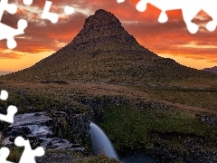 Zachód słońca, Góra, Skały, Islandia, Wodospad, Kirkjufell
